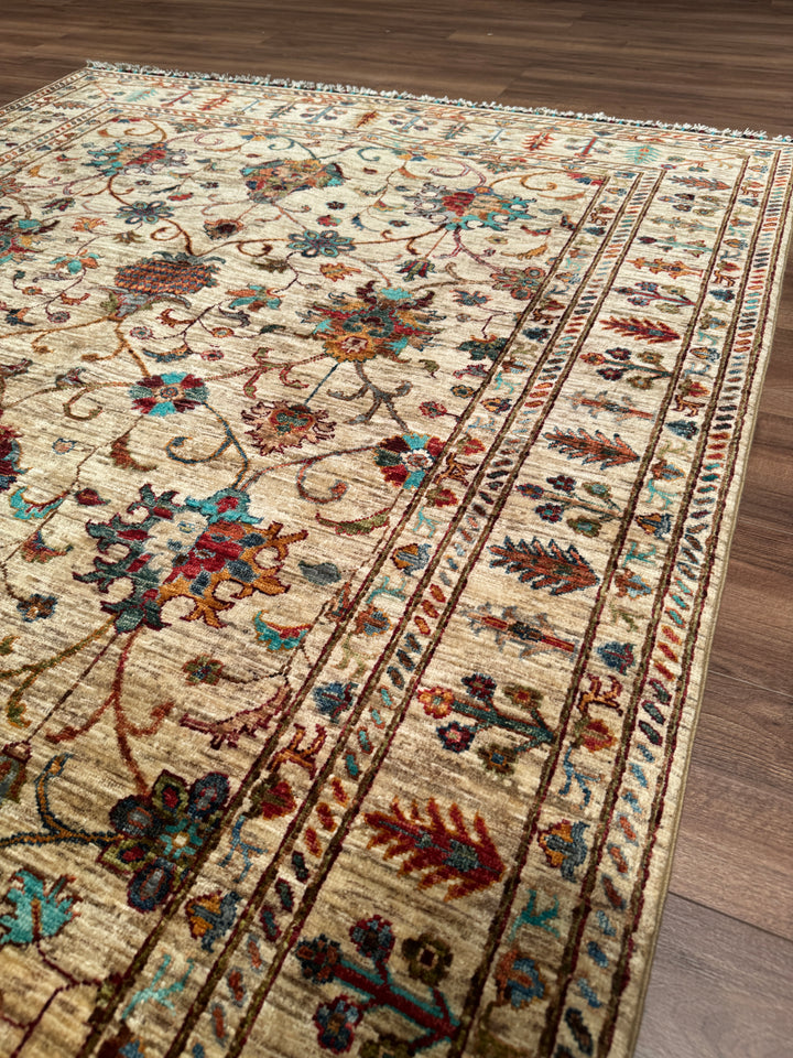 Sultani Binbirgece Orijinal El Dokuması Bej Kök Boya Yün Halı 169x229 3.87 Metrekare - 5x8 ft