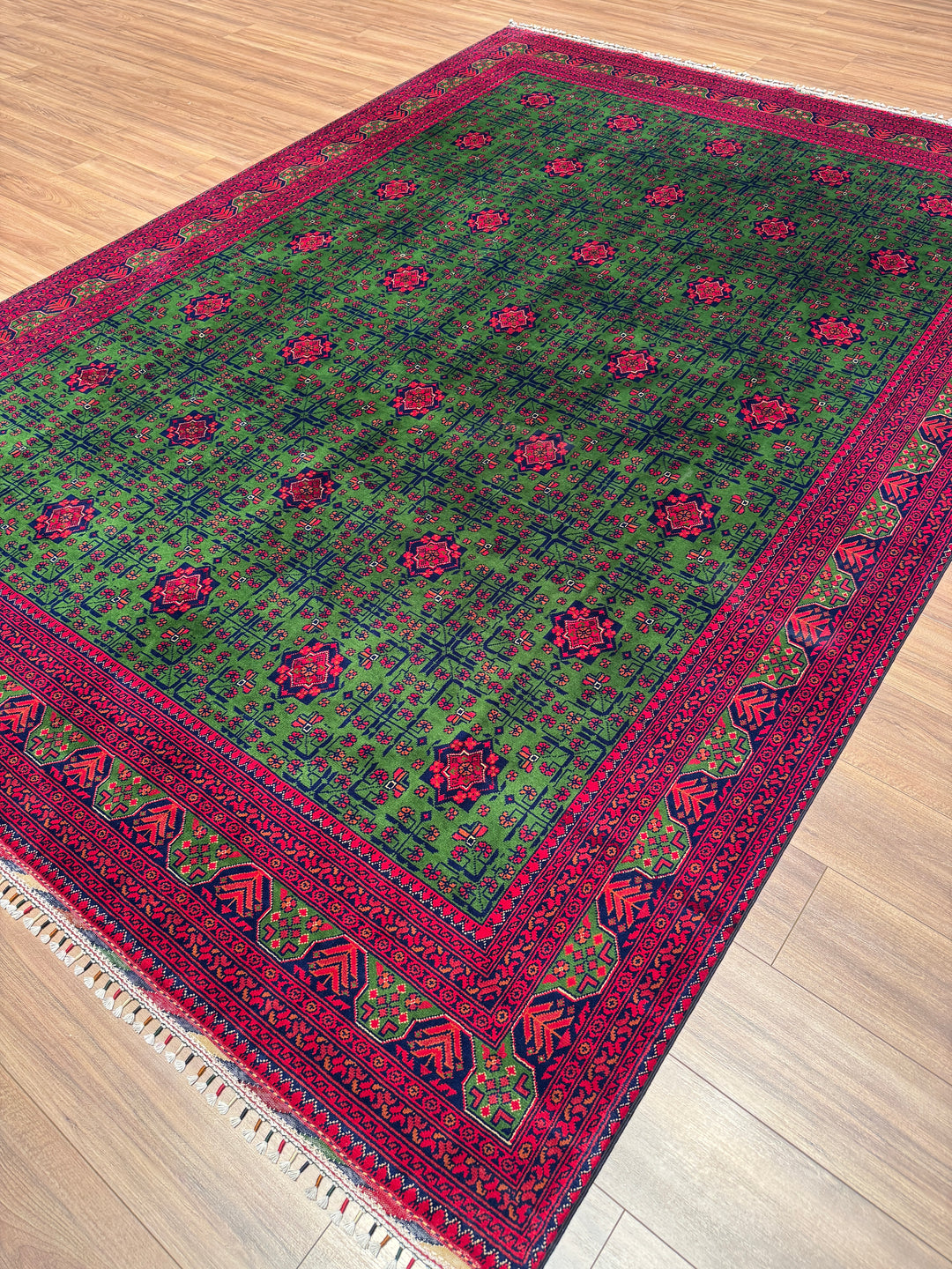 Afgan Halısı Hamyap Yeşil Orijinal El Dokuması Kök Boya Yün 244x340 8.30 Metrekare - 8x11 ft