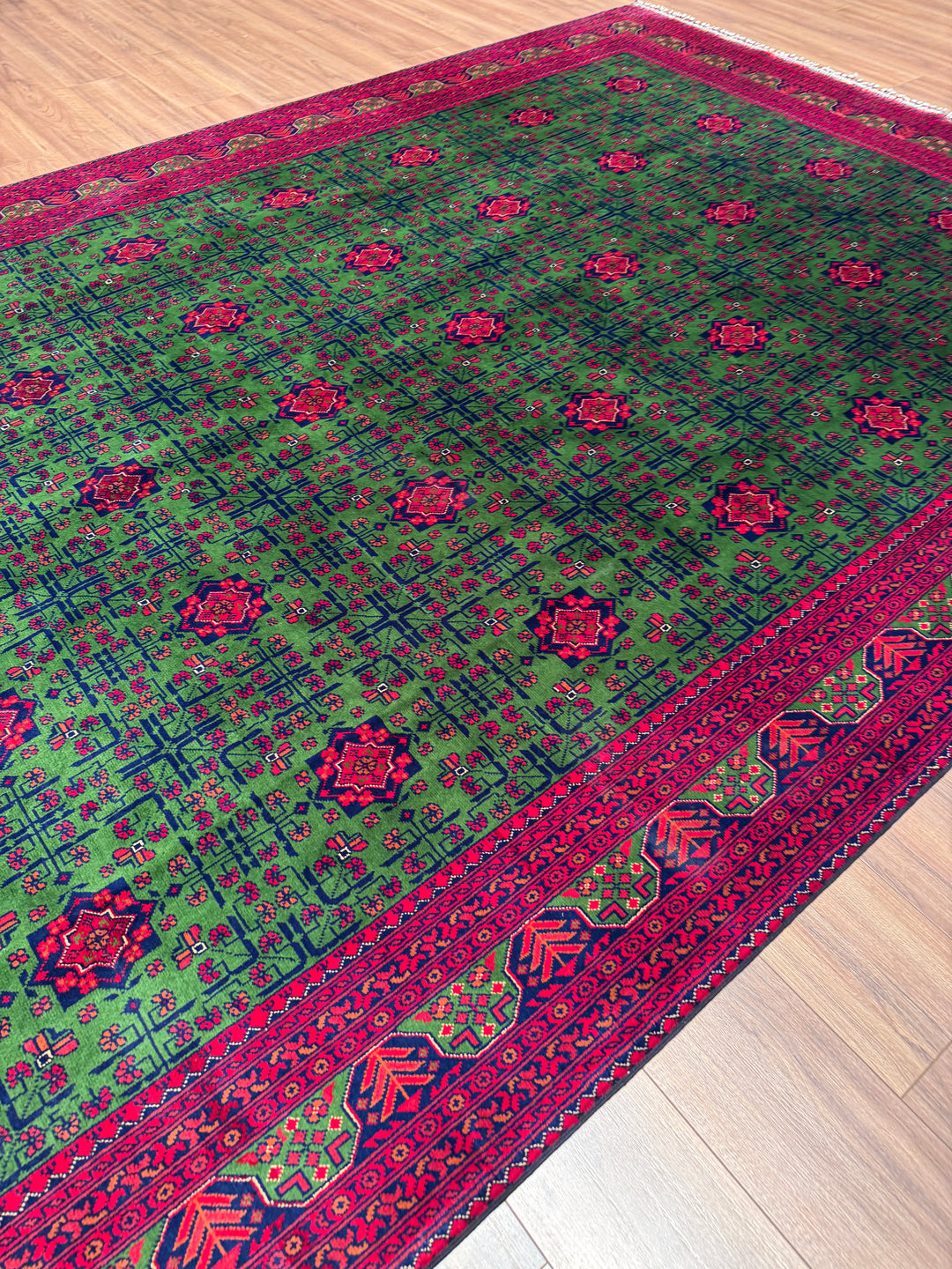 Afgan Halısı Hamyap Yeşil Orijinal El Dokuması Kök Boya Yün 244x340 8.30 Metrekare - 8x11 ft