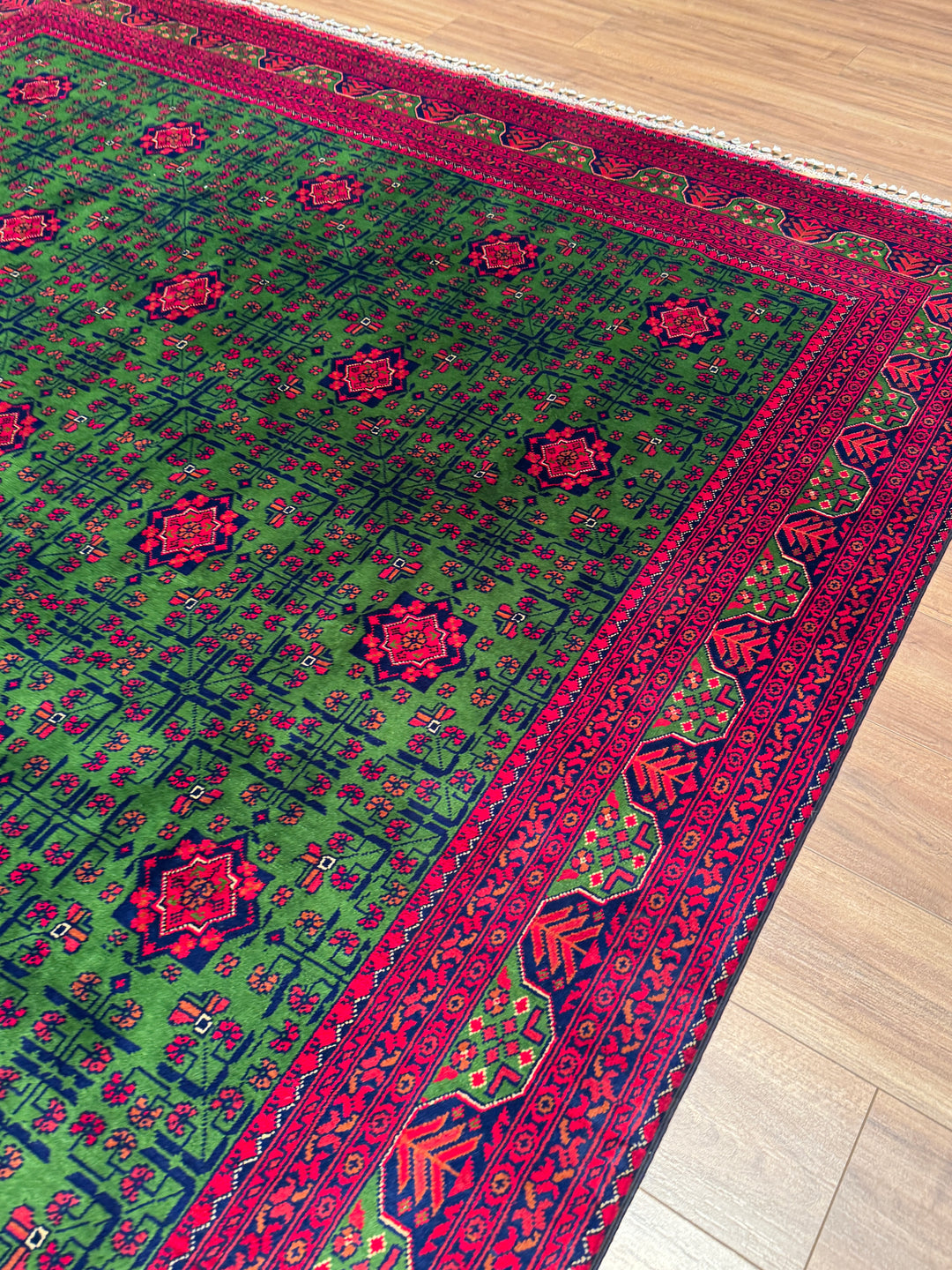 Afgan Halısı Hamyap Yeşil Orijinal El Dokuması Kök Boya Yün 244x340 8.30 Metrekare - 8x11 ft
