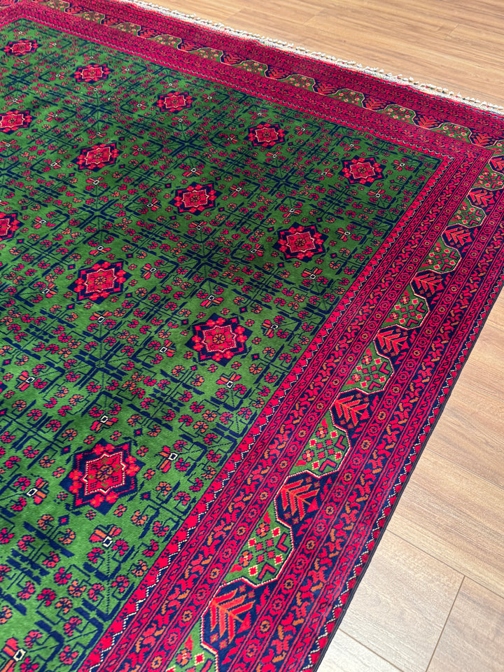 Afgan Halısı Hamyap Yeşil Orijinal El Dokuması Kök Boya Yün 244x340 8.30 Metrekare - 8x11 ft