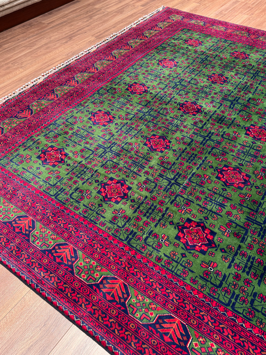 Afgan Halısı Hamyap Yeşil Orijinal El Dokuması Kök Boya Yün 244x340 8.30 Metrekare - 8x11 ft