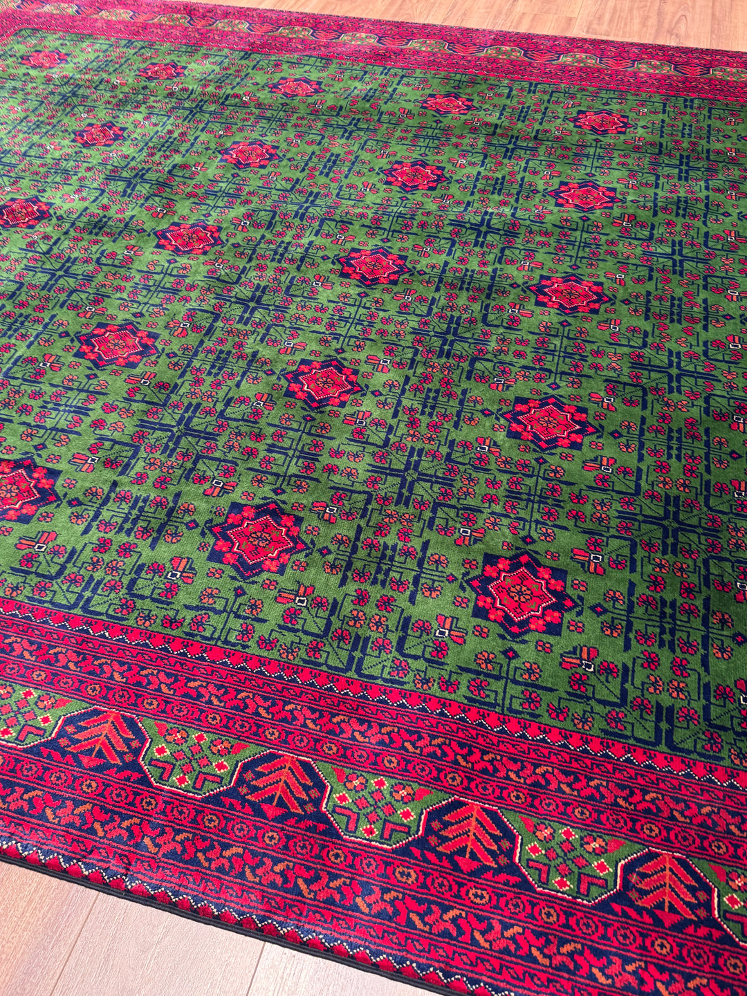 Afgan Halısı Hamyap Yeşil Orijinal El Dokuması Kök Boya Yün 244x340 8.30 Metrekare - 8x11 ft