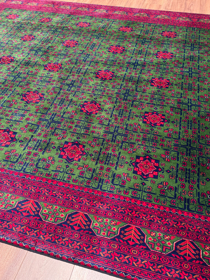 Afgan Halısı Hamyap Yeşil Orijinal El Dokuması Kök Boya Yün 244x340 8.30 Metrekare - 8x11 ft