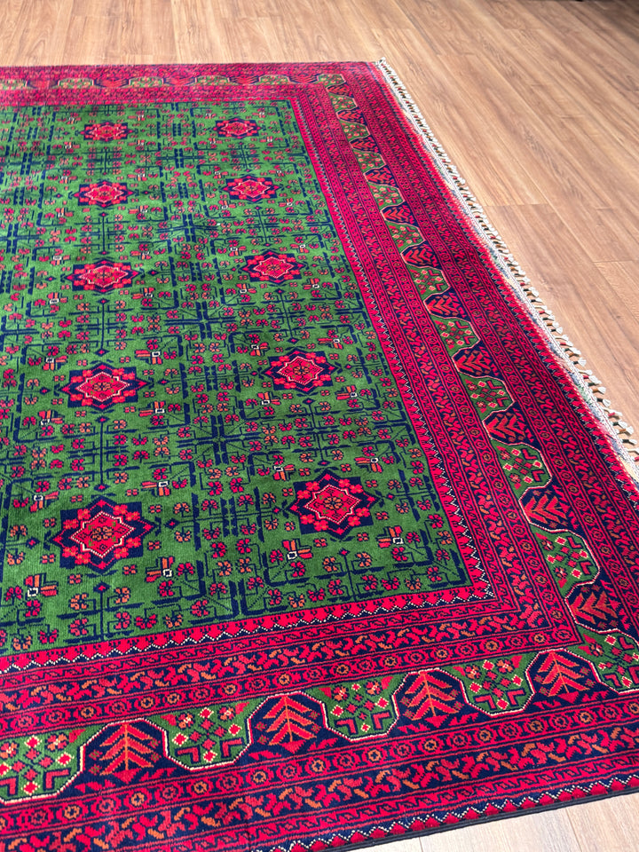 Afgan Halısı Hamyap Yeşil Orijinal El Dokuması Kök Boya Yün 244x340 8.30 Metrekare - 8x11 ft