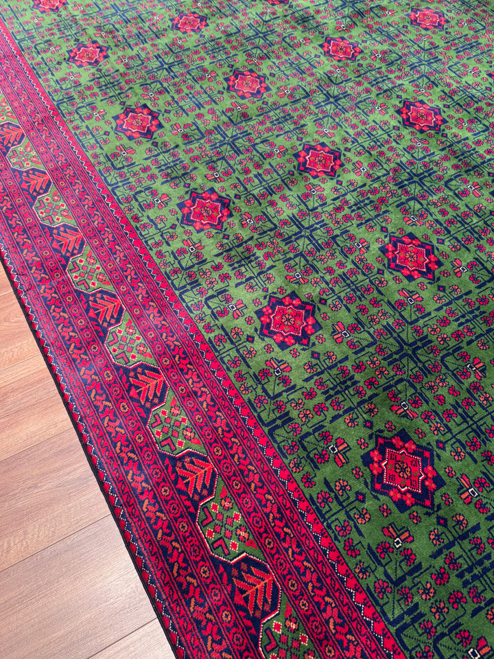 Afgan Halısı Hamyap Yeşil Orijinal El Dokuması Kök Boya Yün 244x340 8.30 Metrekare - 8x11 ft