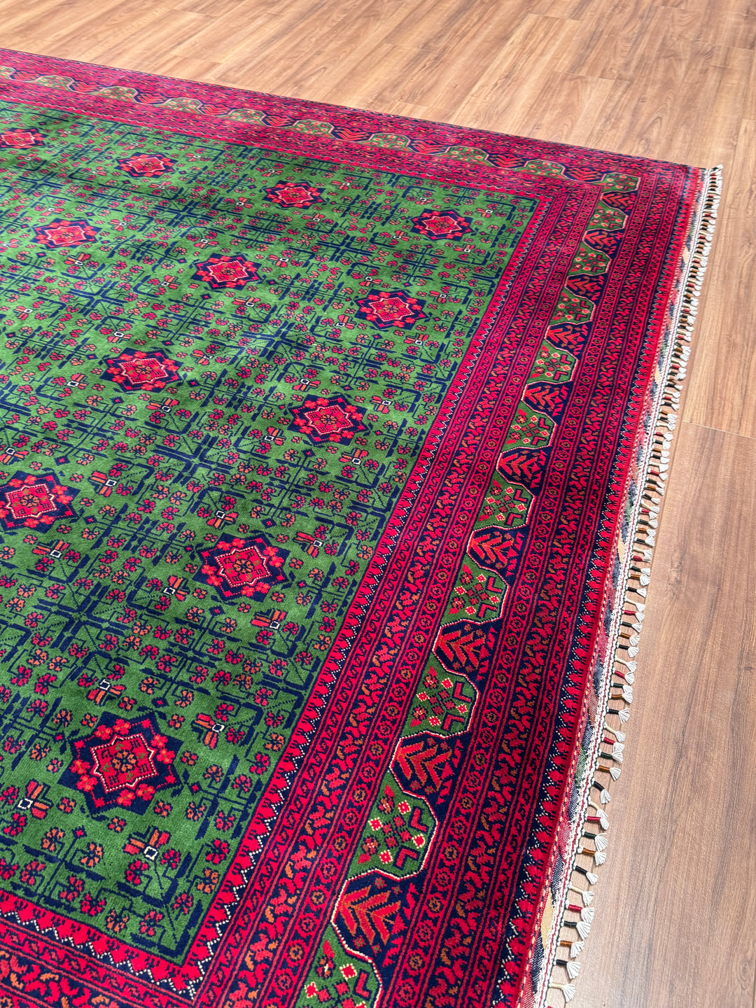 Afgan Halısı Hamyap Yeşil Orijinal El Dokuması Kök Boya Yün 244x340 8.30 Metrekare - 8x11 ft