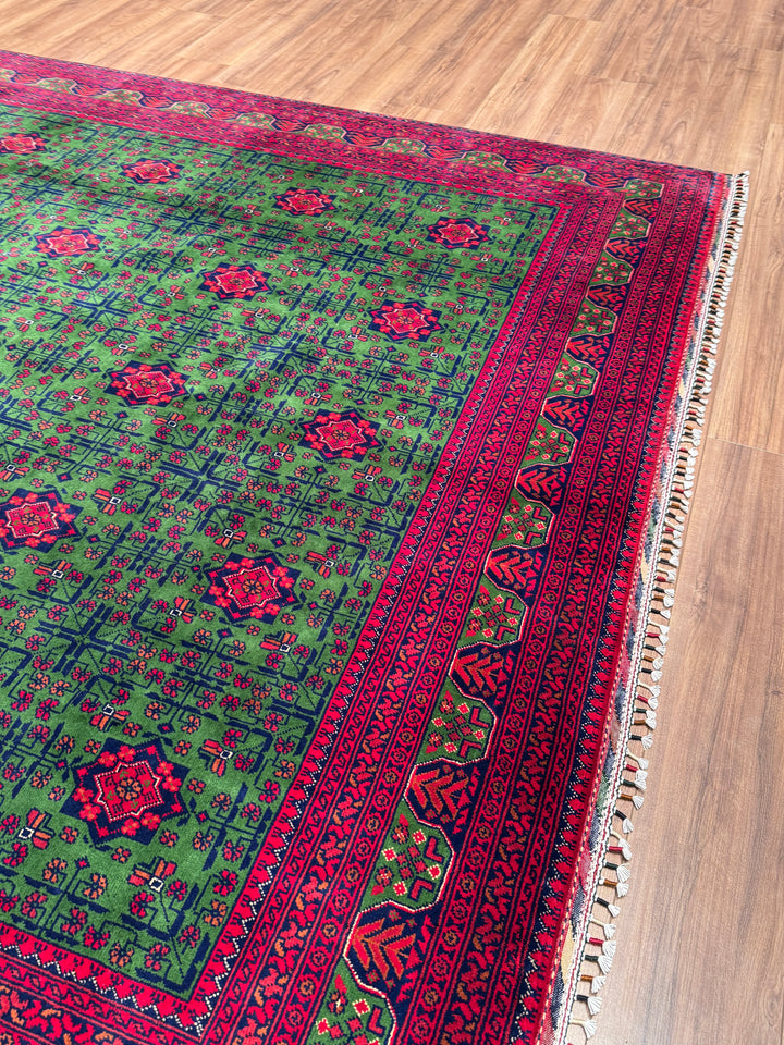 Afgan Halısı Hamyap Yeşil Orijinal El Dokuması Kök Boya Yün 244x340 8.30 Metrekare - 8x11 ft