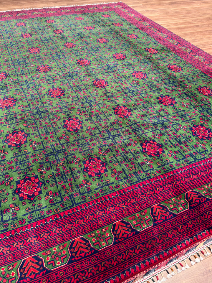 Afgan Halısı Hamyap Yeşil Orijinal El Dokuması Kök Boya Yün 244x340 8.30 Metrekare - 8x11 ft