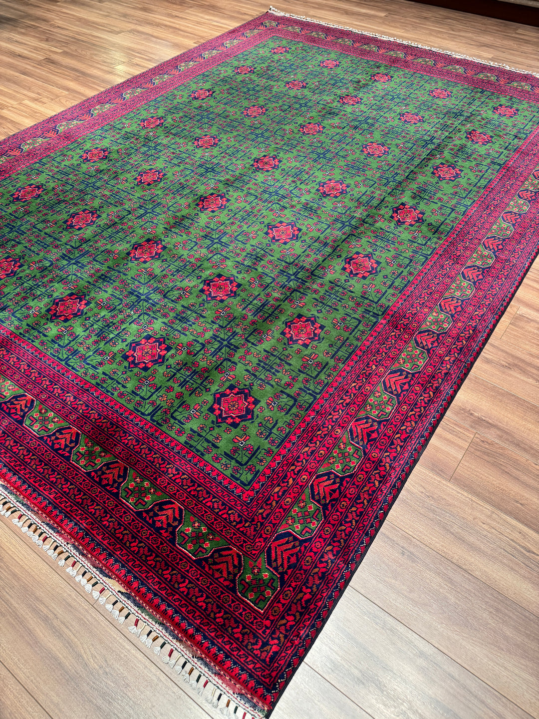 Afgan Halısı Hamyap Yeşil Orijinal El Dokuması Kök Boya Yün 244x340 8.30 Metrekare - 8x11 ft