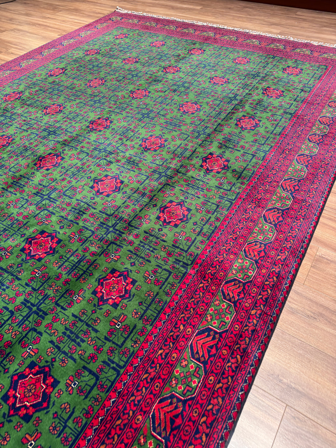 Afgan Halısı Hamyap Yeşil Orijinal El Dokuması Kök Boya Yün 244x340 8.30 Metrekare - 8x11 ft