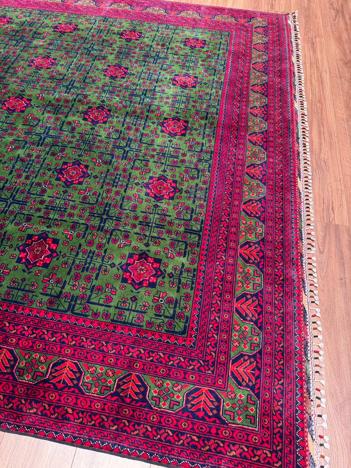 Afgan Halısı Hamyap Yeşil Orijinal El Dokuması Kök Boya Yün 244x340 8.30 Metrekare - 8x11 ft