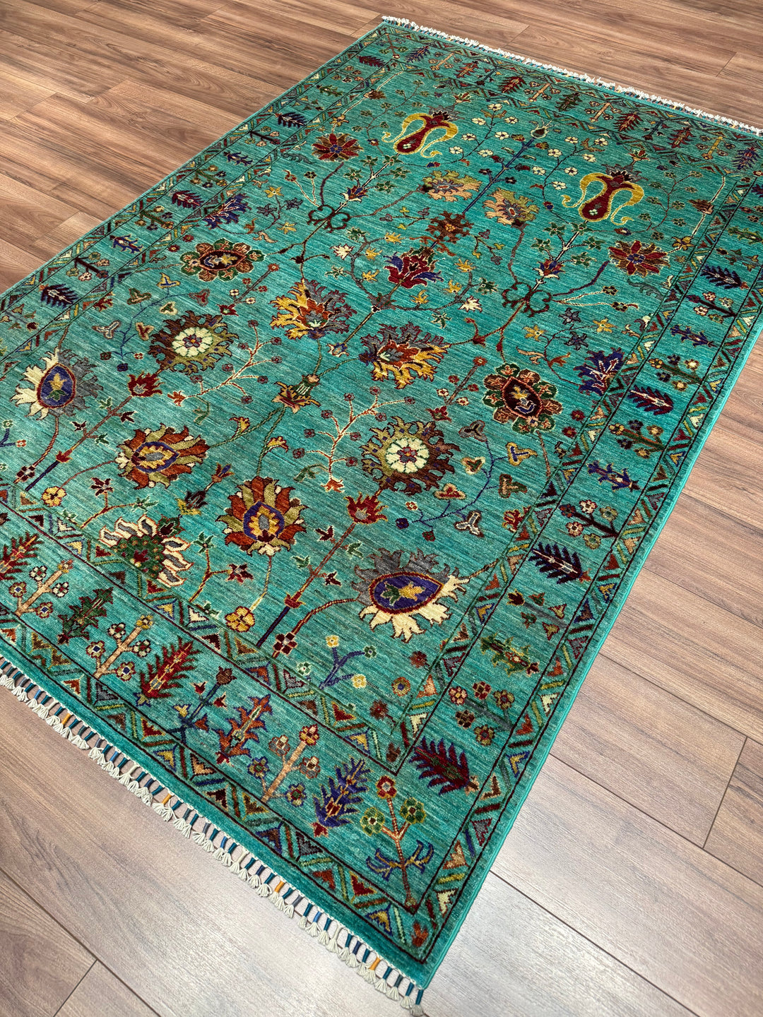 Sultani Floral Original Hand-Woven Turquoise Vegetable Dyed Wool Carpet 153x222 3.40 Square Meters - 5x6 ft