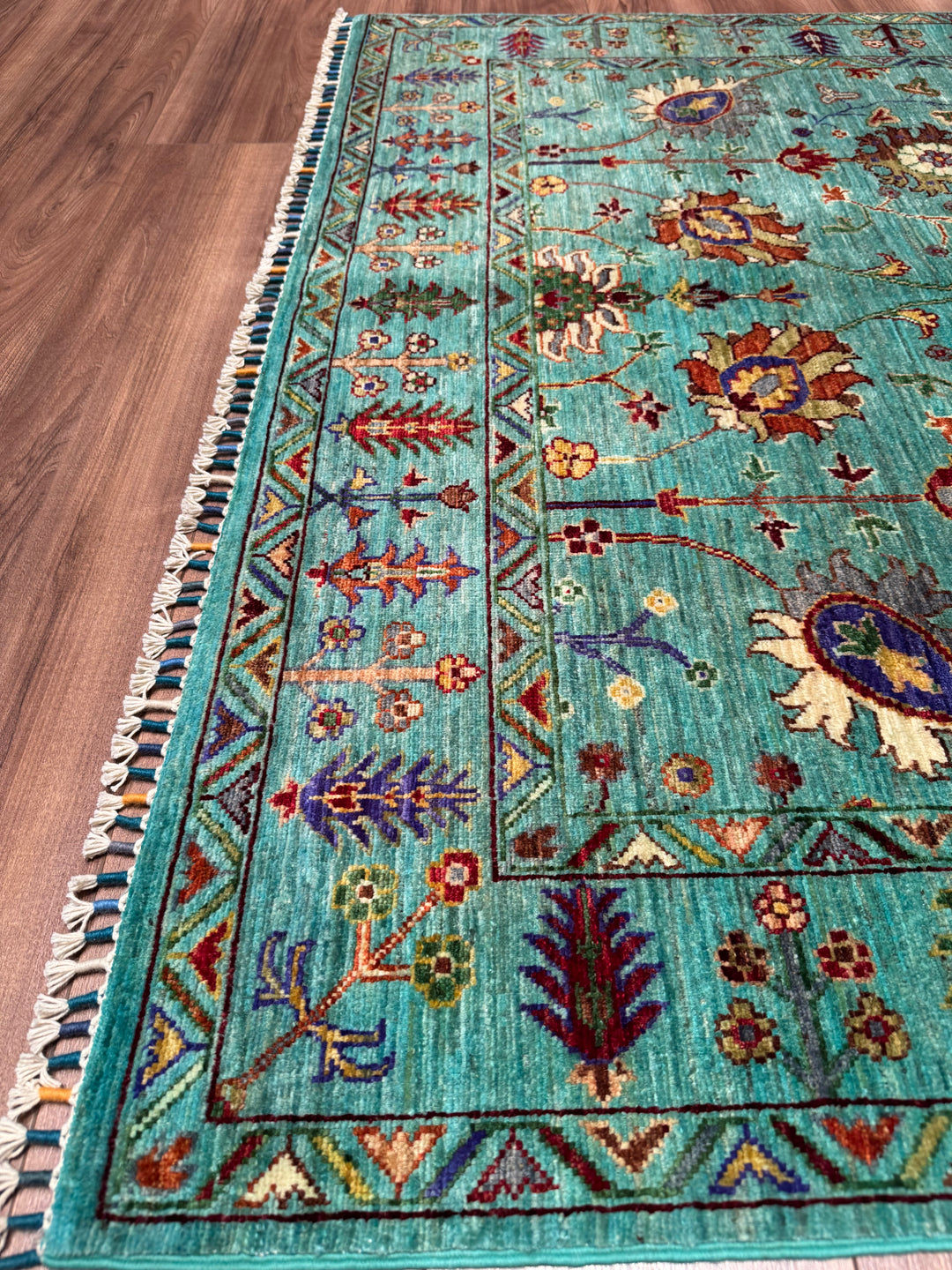 Sultani Floral Original Hand-Woven Turquoise Vegetable Dyed Wool Carpet 153x222 3.40 Square Meters - 5x6 ft
