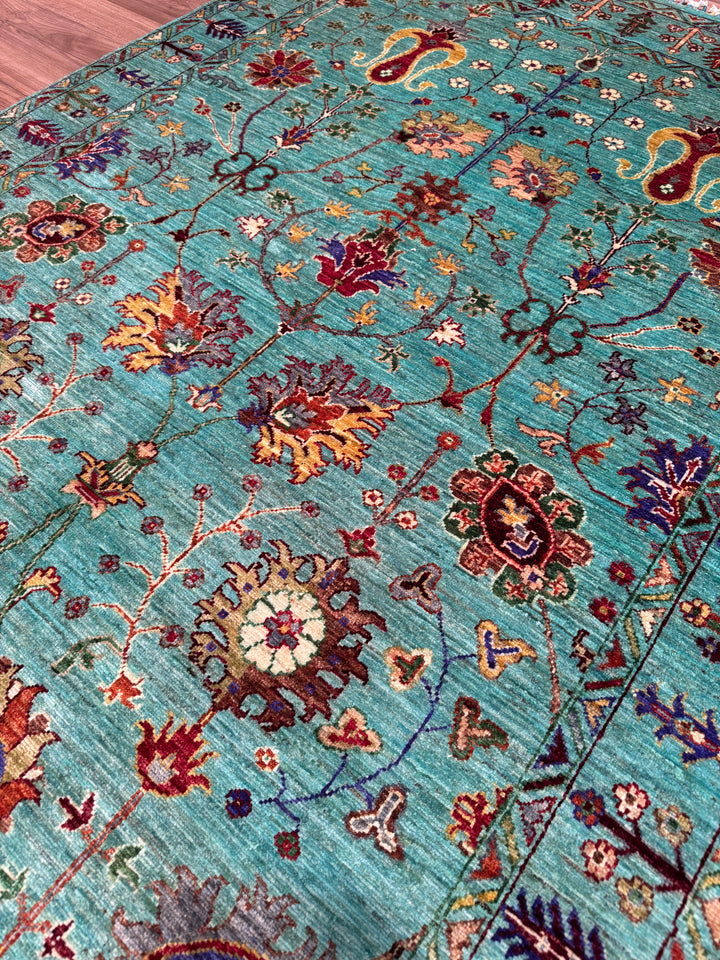 Sultani Floral Original Hand-Woven Turquoise Vegetable Dyed Wool Carpet 153x222 3.40 Square Meters - 5x6 ft