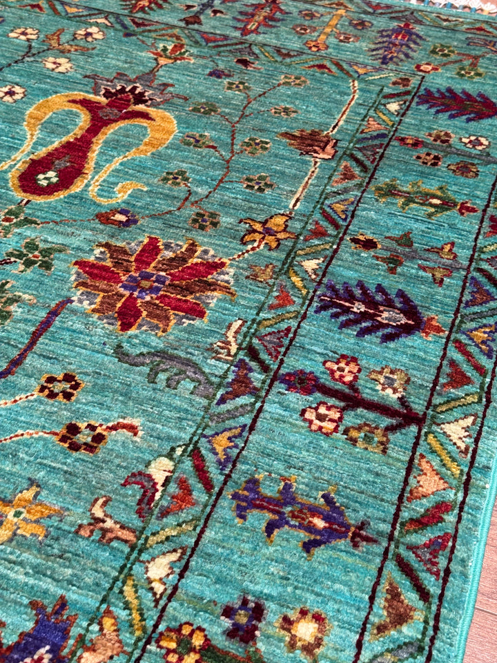 Sultani Floral Original Hand-Woven Turquoise Vegetable Dyed Wool Carpet 153x222 3.40 Square Meters - 5x6 ft