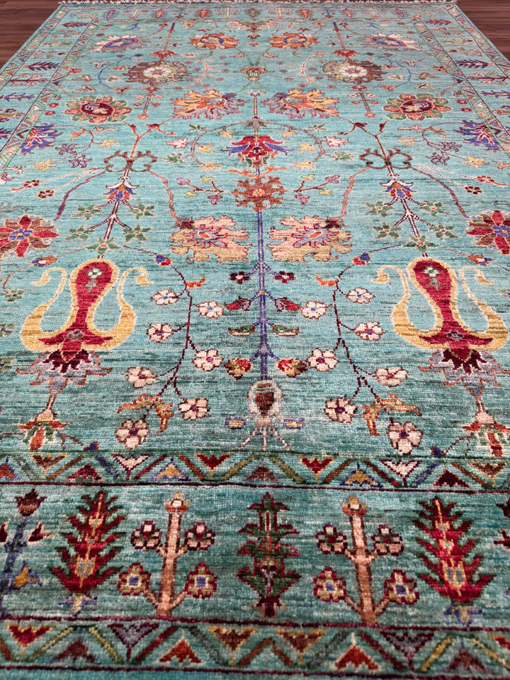 Sultani Floral Original Hand-Woven Turquoise Vegetable Dyed Wool Carpet 153x222 3.40 Square Meters - 5x6 ft