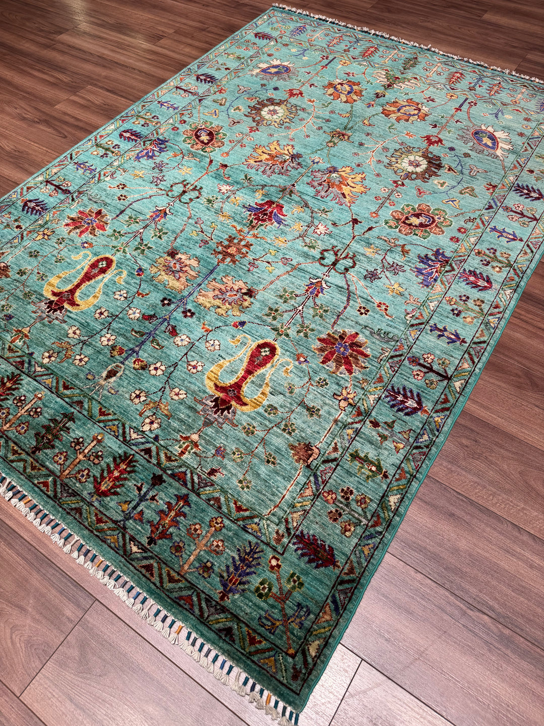 Sultani Floral Original Hand-Woven Turquoise Vegetable Dyed Wool Carpet 153x222 3.40 Square Meters - 5x6 ft