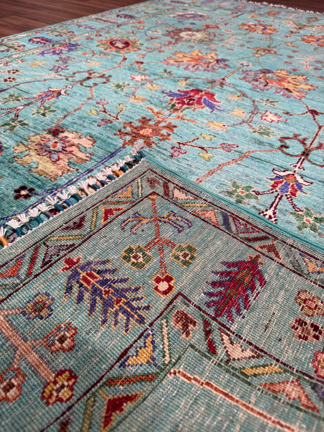 Sultani Floral Original Hand-Woven Turquoise Vegetable Dyed Wool Carpet 153x222 3.40 Square Meters - 5x6 ft