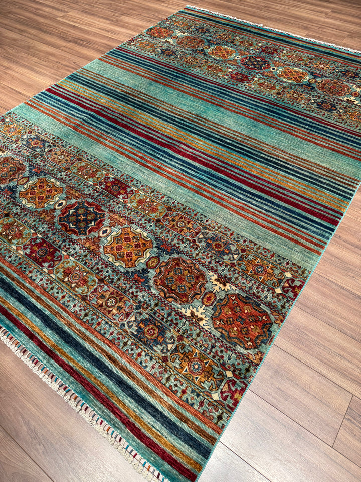 Khorjin Orijinal El Dokuması Turkuaz Kök Boya Yün Halı 206x292 6.02 Metrekare - 7x10 ft