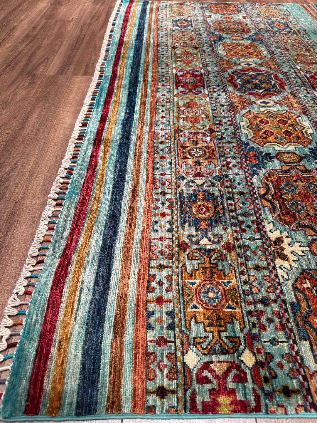 Khorjin Orijinal El Dokuması Turkuaz Kök Boya Yün Halı 206x292 6.02 Metrekare - 7x10 ft