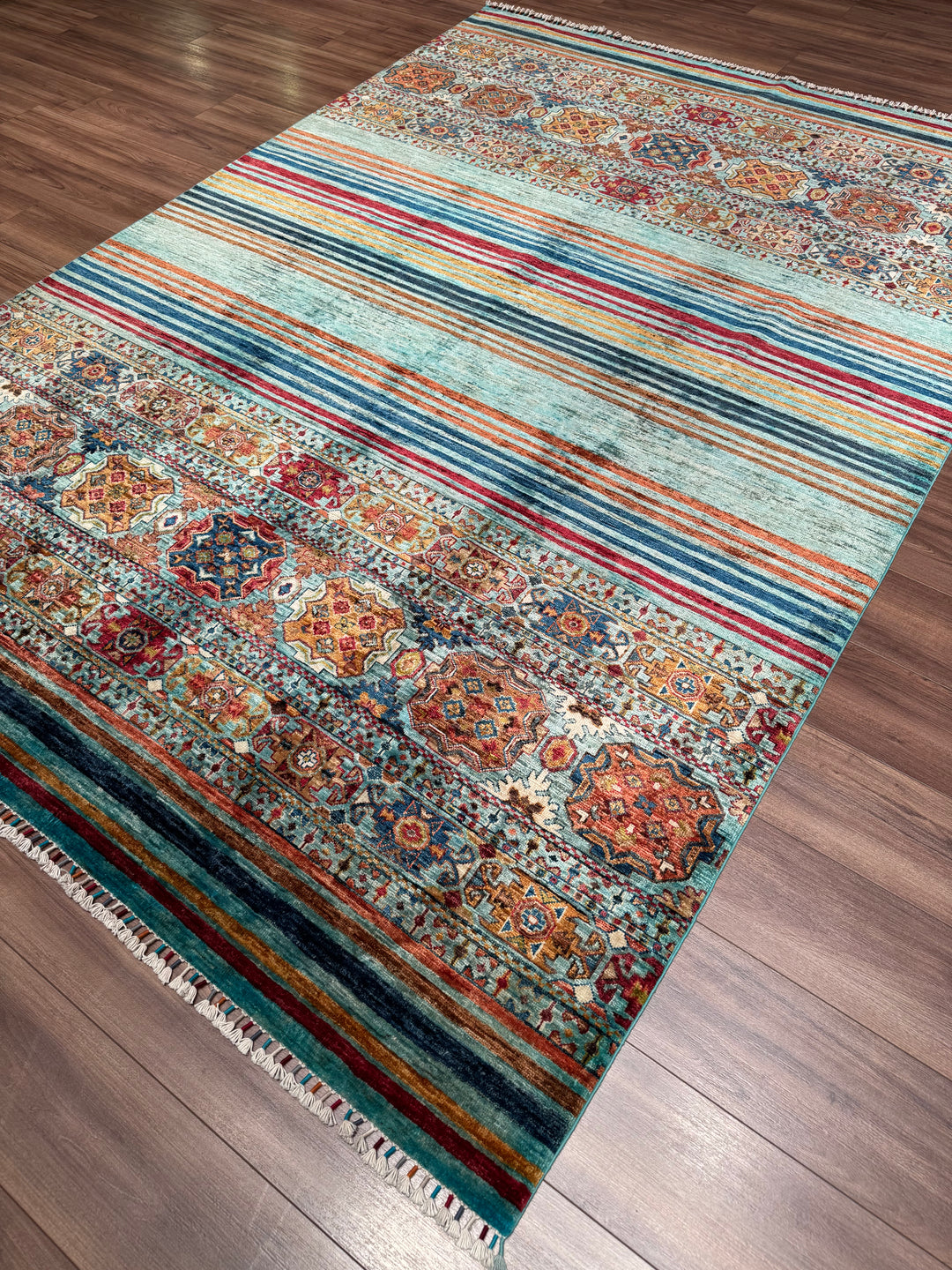 Khorjin Orijinal El Dokuması Turkuaz Kök Boya Yün Halı 206x292 6.02 Metrekare - 7x10 ft