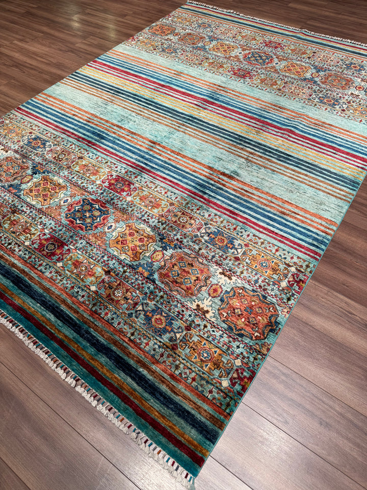 Khorjin Orijinal El Dokuması Turkuaz Kök Boya Yün Halı 206x292 6.02 Metrekare - 7x10 ft