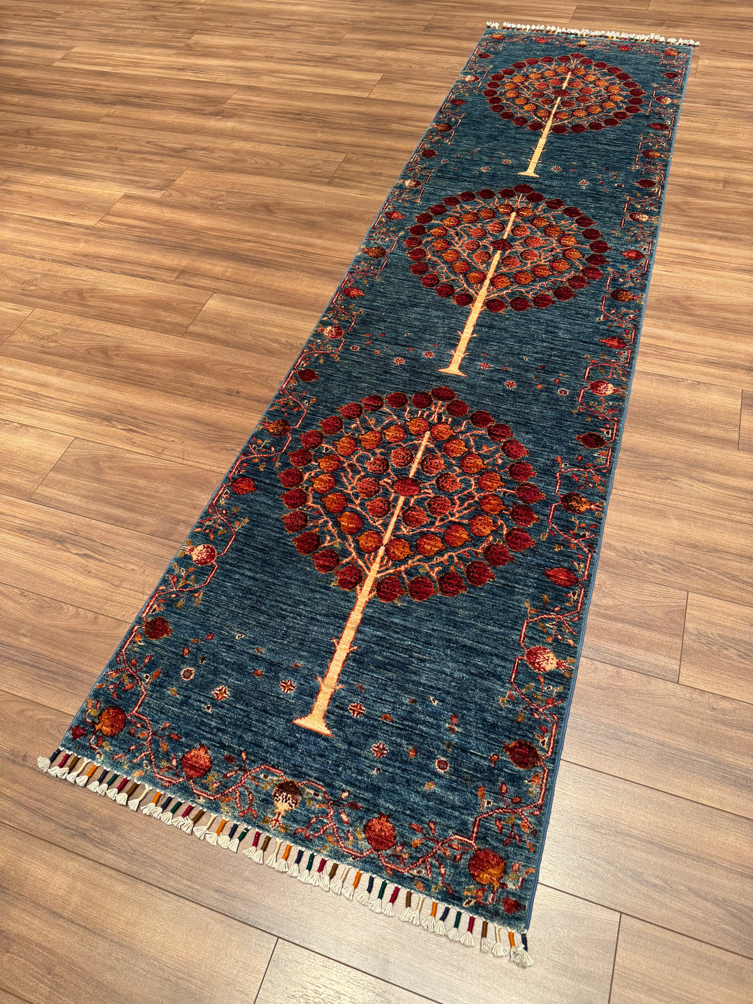 Pomegranate Tree Runner Rug, Original Handwoven Blue Root Dye Wool Carpet, 0.80x302 cm (2.42 square meters) - 3x10 ft 