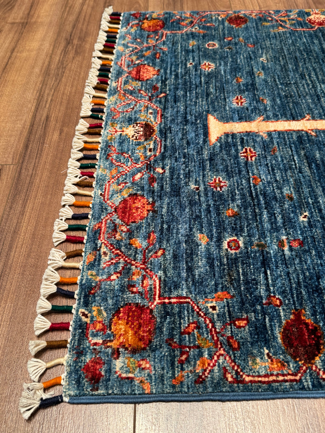 Pomegranate Tree Runner Rug, Original Handwoven Blue Root Dye Wool Carpet, 0.80x302 cm (2.42 square meters) - 3x10 ft 