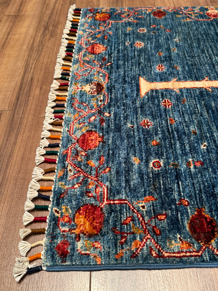 Pomegranate Tree Runner Rug, Original Handwoven Blue Root Dye Wool Carpet, 0.80x302 cm (2.42 square meters) - 3x10 ft 