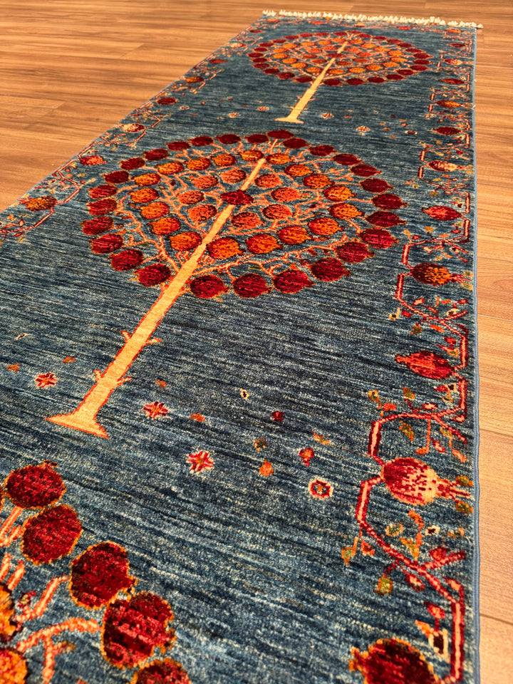 Pomegranate Tree Runner Rug, Original Handwoven Blue Root Dye Wool Carpet, 0.80x302 cm (2.42 square meters) - 3x10 ft 