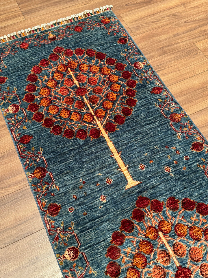 Pomegranate Tree Runner Rug, Original Handwoven Blue Root Dye Wool Carpet, 0.80x302 cm (2.42 square meters) - 3x10 ft 