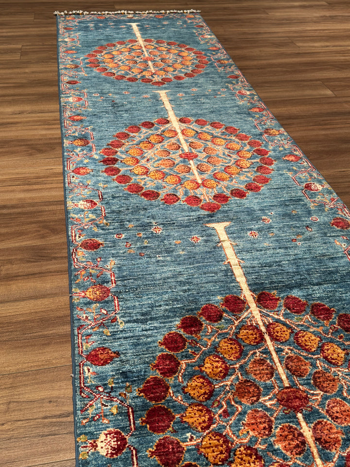 Pomegranate Tree Runner Rug, Original Handwoven Blue Root Dye Wool Carpet, 0.80x302 cm (2.42 square meters) - 3x10 ft 