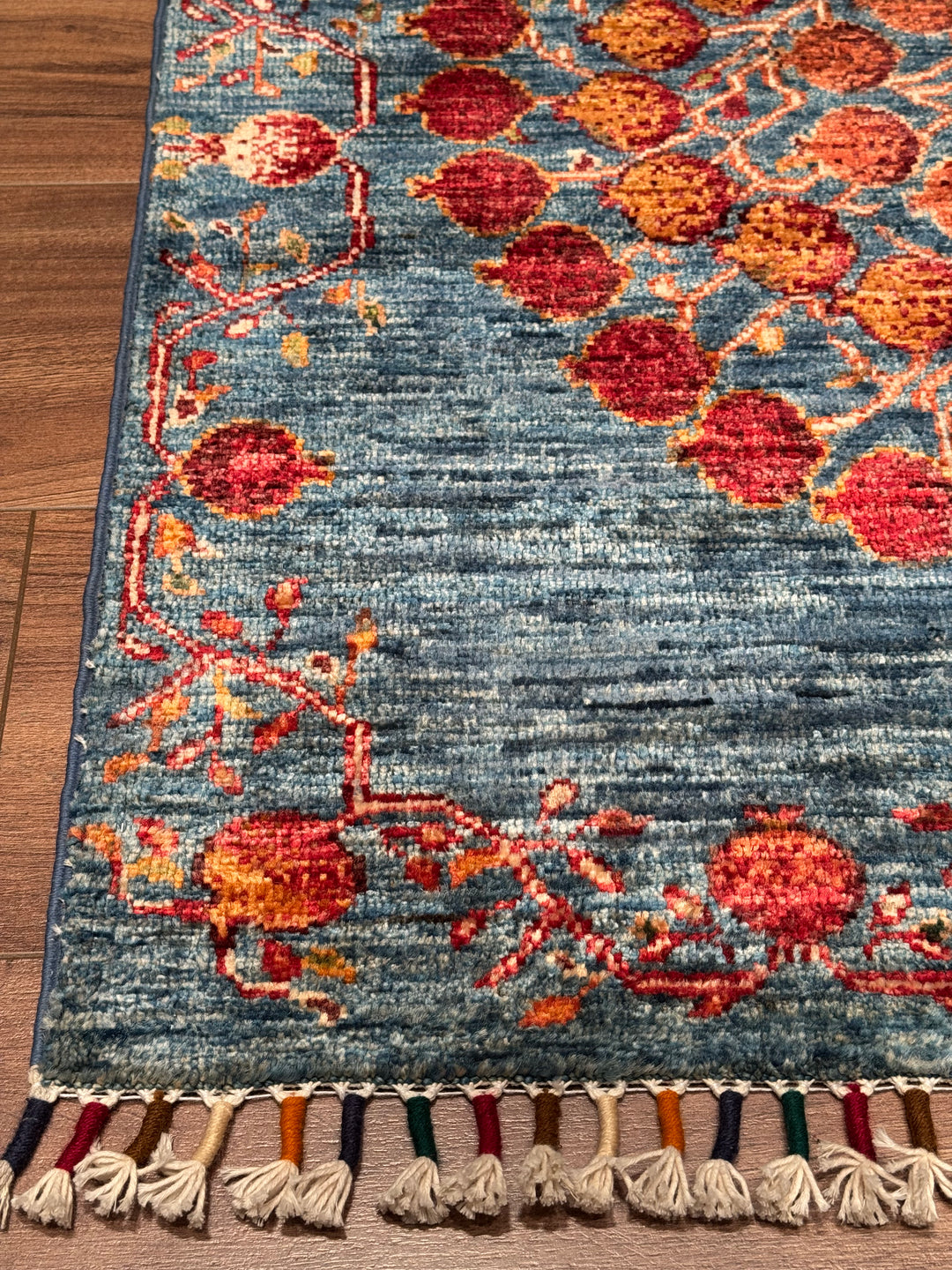 Pomegranate Tree Runner Rug, Original Handwoven Blue Root Dye Wool Carpet, 0.80x302 cm (2.42 square meters) - 3x10 ft 