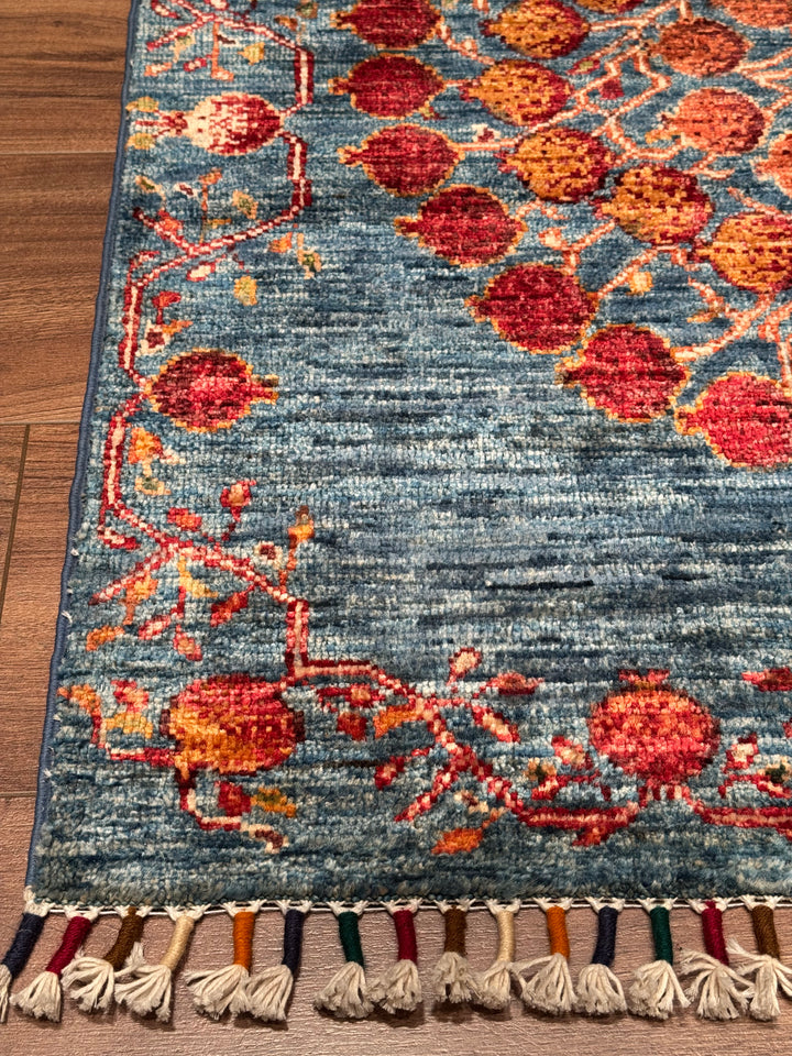 Pomegranate Tree Runner Rug, Original Handwoven Blue Root Dye Wool Carpet, 0.80x302 cm (2.42 square meters) - 3x10 ft 