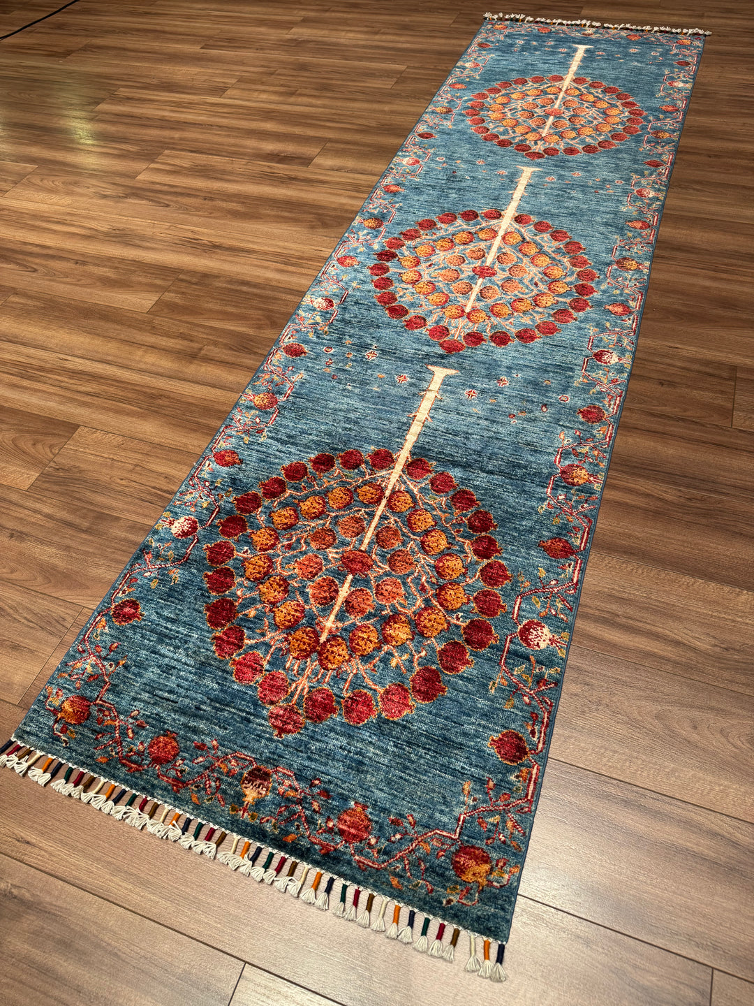Pomegranate Tree Runner Rug, Original Handwoven Blue Root Dye Wool Carpet, 0.80x302 cm (2.42 square meters) - 3x10 ft 