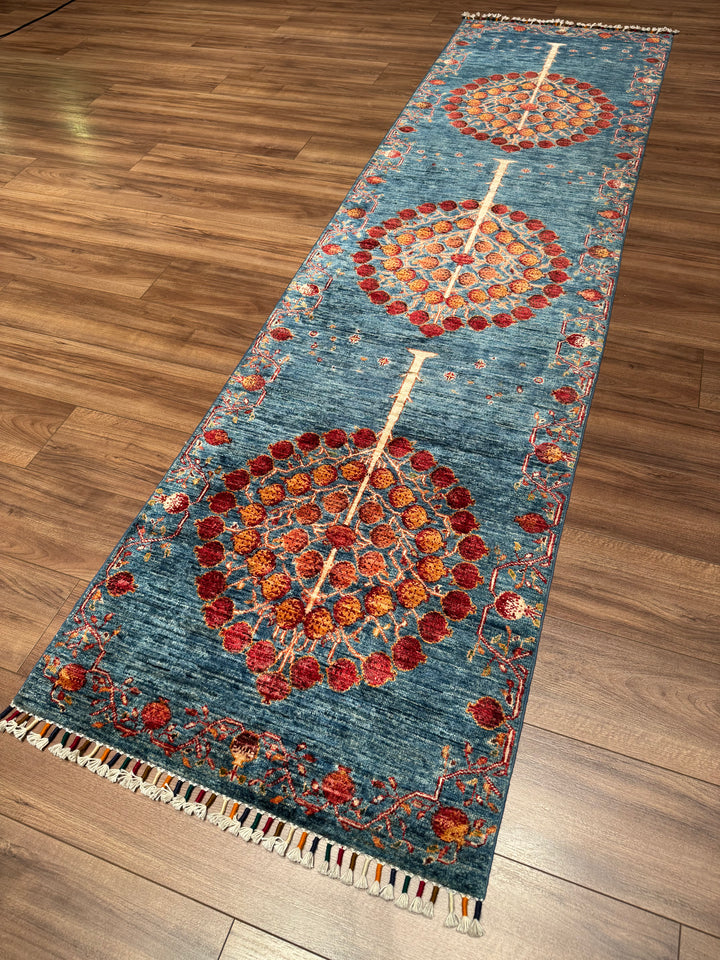 Pomegranate Tree Runner Rug, Original Handwoven Blue Root Dye Wool Carpet, 0.80x302 cm (2.42 square meters) - 3x10 ft 