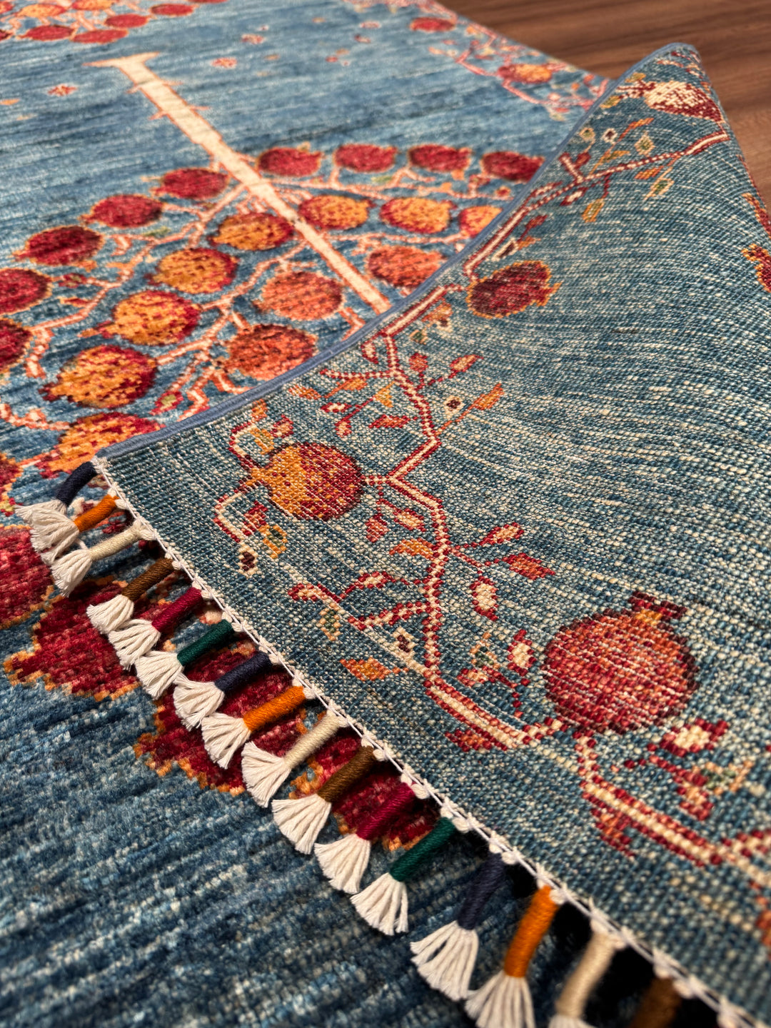 Pomegranate Tree Runner Rug, Original Handwoven Blue Root Dye Wool Carpet, 0.80x302 cm (2.42 square meters) - 3x10 ft 