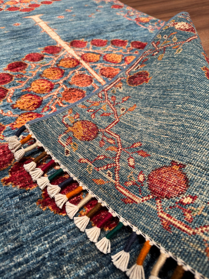 Pomegranate Tree Runner Rug, Original Handwoven Blue Root Dye Wool Carpet, 0.80x302 cm (2.42 square meters) - 3x10 ft 