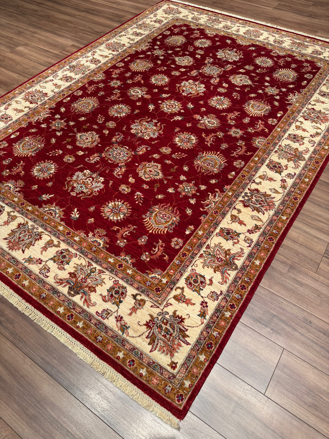 Uşak Orijinal El Dokuması Kırmızı Krem Kök Boya Yün Halı 211x296 6.25 Metrekare - 7x10 ft