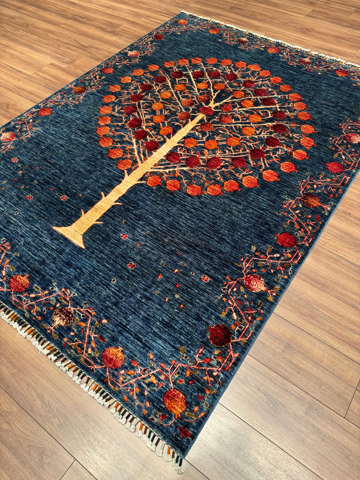 Pomegranate Tree Original Handwoven Blue Root Dye Wool Rug 176x239 cm (4.21 square meters) - 5x8 ft 