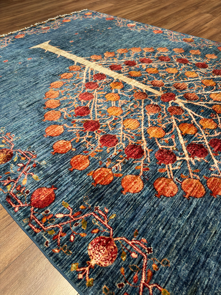 Pomegranate Tree Original Handwoven Blue Root Dye Wool Rug 176x239 cm (4.21 square meters) - 5x8 ft 