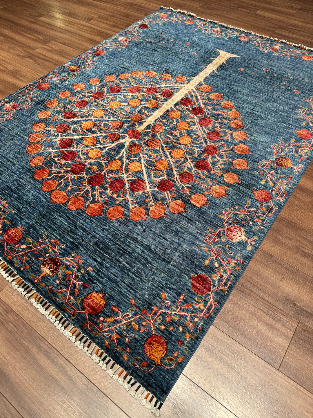 Pomegranate Tree Original Handwoven Blue Root Dye Wool Rug 176x239 cm (4.21 square meters) - 5x8 ft 
