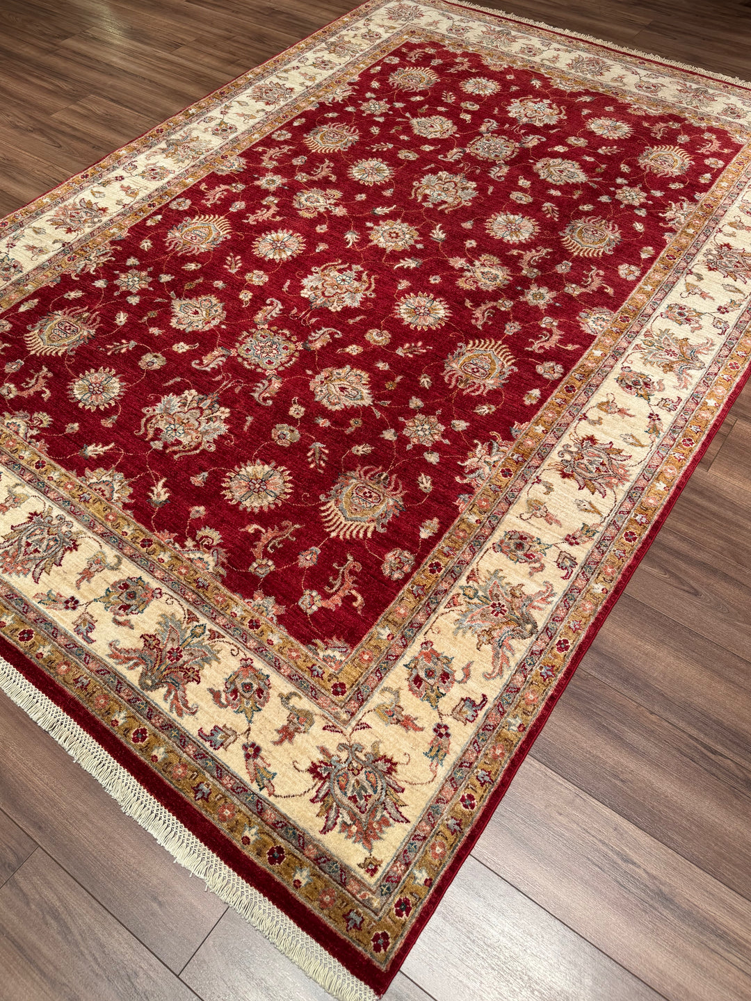 Uşak Orijinal El Dokuması Kırmızı Krem Kök Boya Yün Halı 202x294 5.94 Metrekare - 7x10 ft