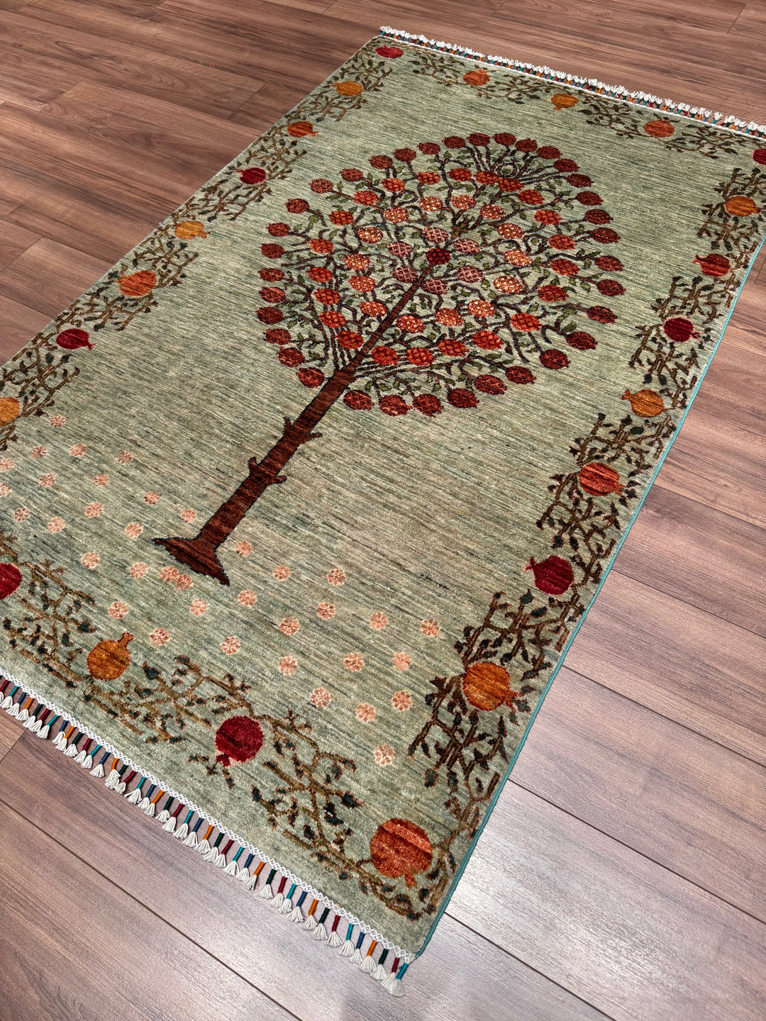 Pomegranate Tree Original Handwoven Green Root Dye Wool Rug 124x191 cm (2.37 square meters) - 4x6 ft 