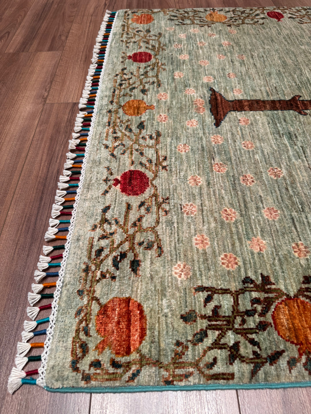 Pomegranate Tree Original Handwoven Green Root Dye Wool Rug 124x191 cm (2.37 square meters) - 4x6 ft 