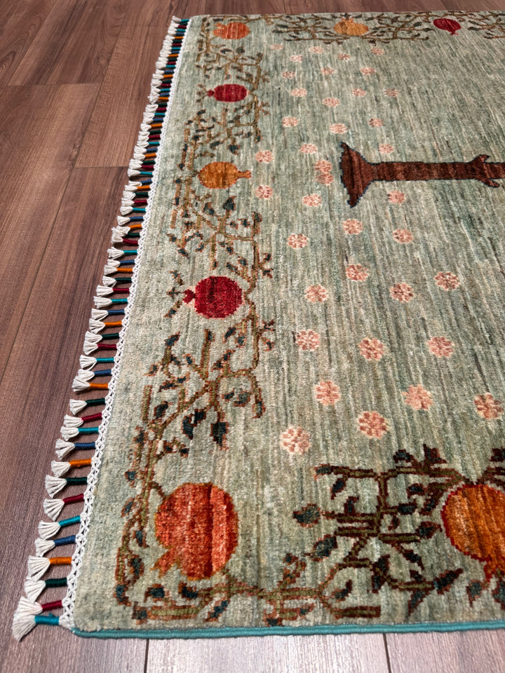 Pomegranate Tree Original Handwoven Green Root Dye Wool Rug 124x191 cm (2.37 square meters) - 4x6 ft 
