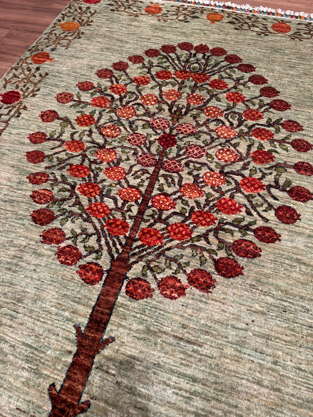 Pomegranate Tree Original Handwoven Green Root Dye Wool Rug 124x191 cm (2.37 square meters) - 4x6 ft 