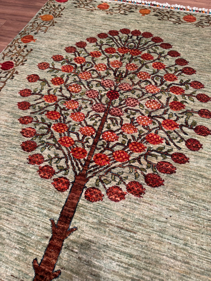 Pomegranate Tree Original Handwoven Green Root Dye Wool Rug 124x191 cm (2.37 square meters) - 4x6 ft 