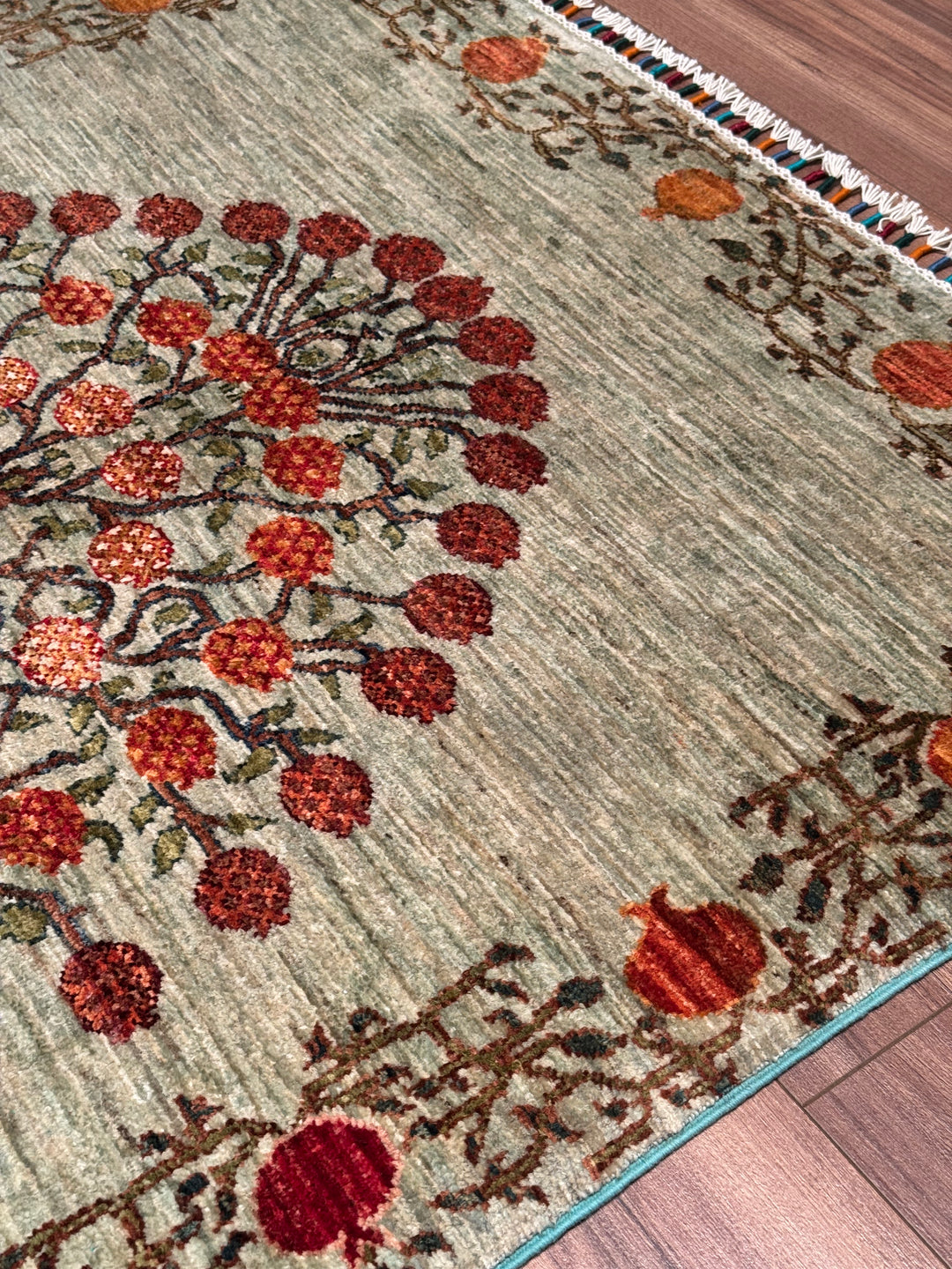 Pomegranate Tree Original Handwoven Green Root Dye Wool Rug 124x191 cm (2.37 square meters) - 4x6 ft 